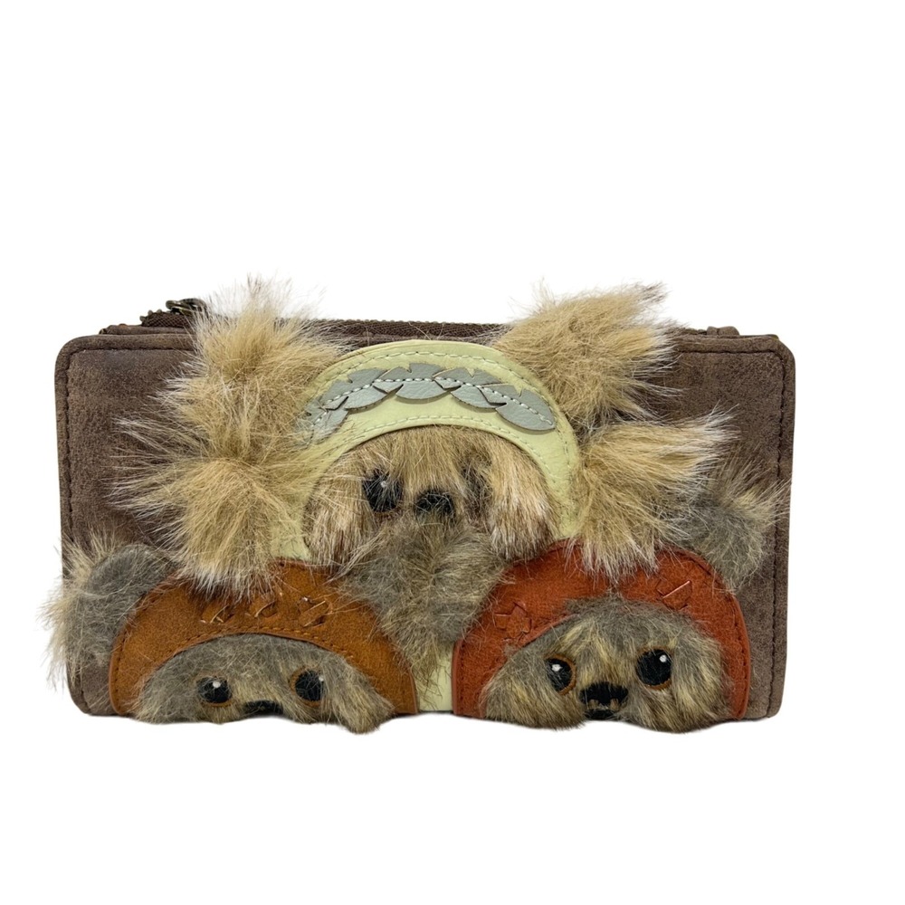 LOUNGEFLY Star Wars Fuzzy Furry EWOK Trio Flap Wallet Faux Leather NWOT - Picture 1 of 8